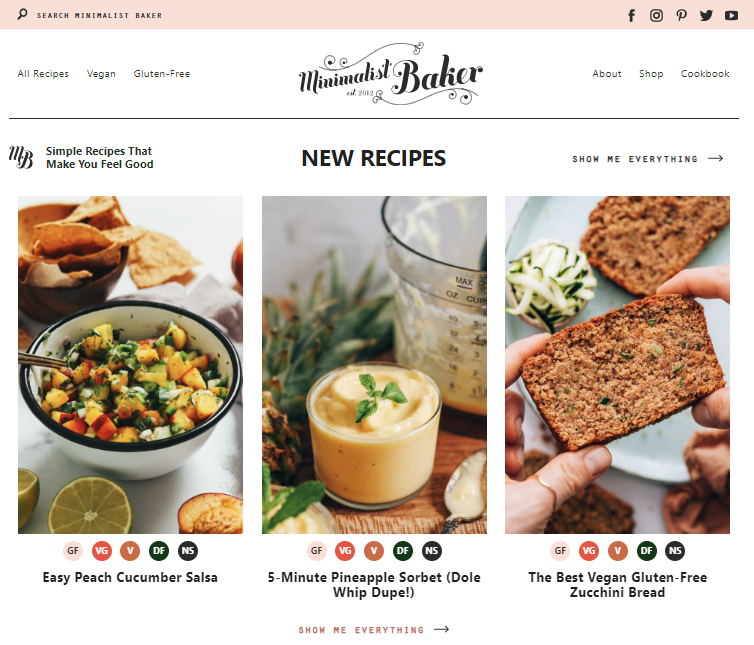 The-homepage-of-Minimalist-Baker-a-plant-based-and-gluten-free-recipes-provider