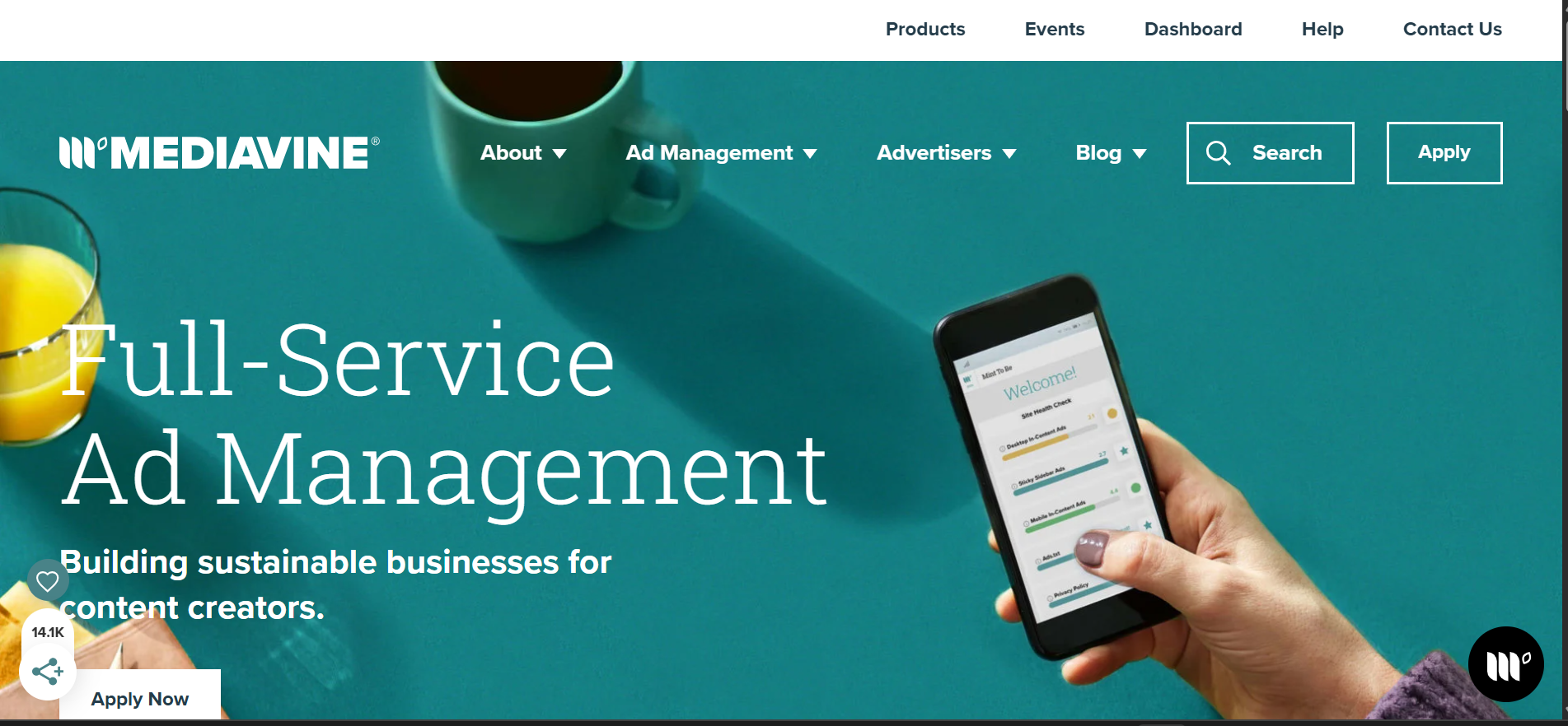 Screenshot of Mediavine homepage highlighting ad management dashboard and publisher monetization features.
