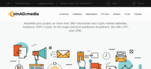 Illustration of CoinAd crypto advertising network dashboard showing campaign analytics, banner ads, and targeted audience segmentation for cryptocurrency advertisers.