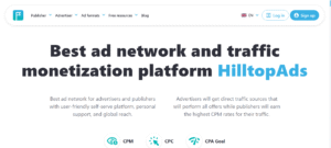 HilltopAds ad network dashboard showcasing popunder, in-page, banner, and video ad formats with real-time reporting and global targeting options